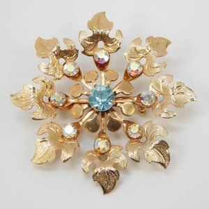 Vintage Gold Tone Blue & Aurora Rhinestone Leaves Flower Brooch & Earrings Set